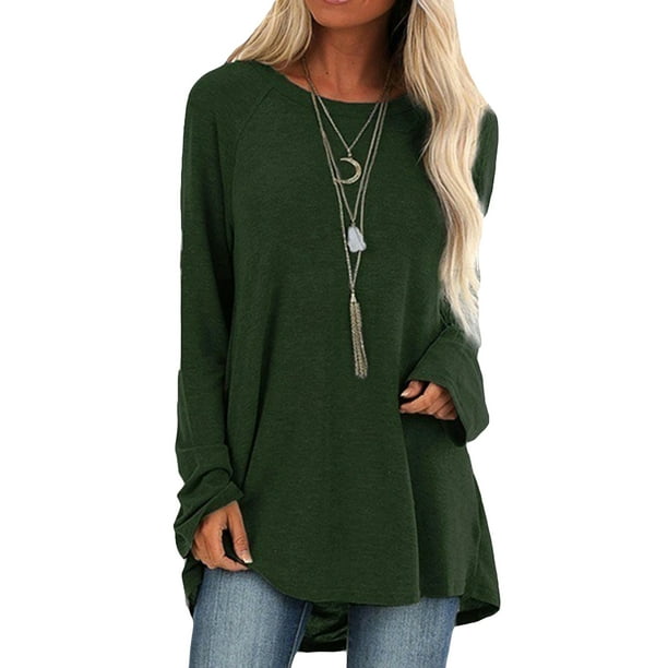 Women Long Sleeve Round Neck Blouse Solid Color Casual T-Shirt Elegant Tee Top 